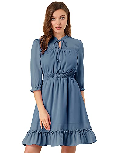 Allegra K Damen Herbst Hochzeit Gastkleider Rüschen Saum 3/4 Ärmel A-Linie Gesmokt Kurz Chiffon Kleid, blau; grau, Groß von Allegra K