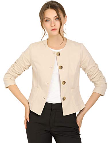 Allegra K Damen Herbst Vintage Leichte Kurze Knopfjacke mit Taschen - Beige - Small von Allegra K