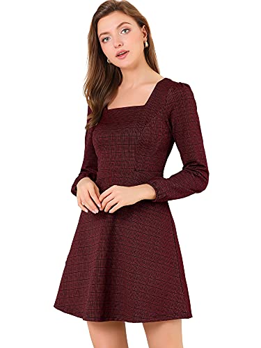 Allegra K Damen Herbst Vintage quadratischer Ausschnitt Langarm Plaid Kleid, rotgold, X-Groß von Allegra K