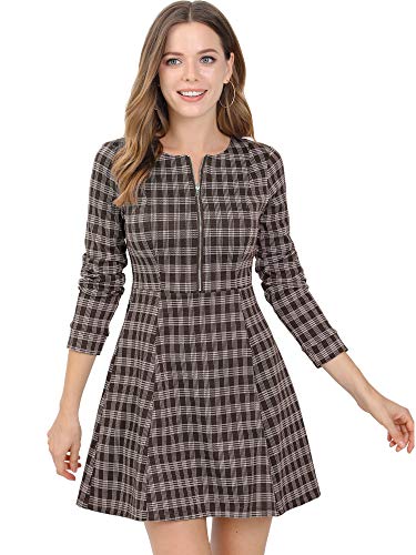 Allegra K Damen Herbstkleid Langarm A-Linie Rundhals Reißverschluss Kariert Karo Minikleid Kaffee S von Allegra K