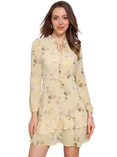 Allegra K Damen Herbstkleider 2025 Krawatte V-Ausschnitt halbdurchsichtig Langarm mehrlagig gestuft Chiffon Mini Blumenkleid, aprikose, X-Klein von Allegra K