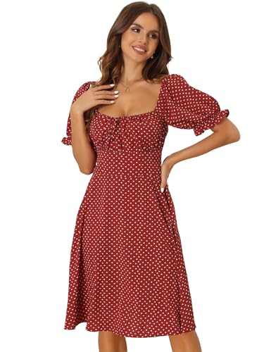 Allegra K Damen Herz Sommerkleid Kordelzug Quadratischer Hals Rüschen Midikleid mit Puffärmeln Rot L von Allegra K