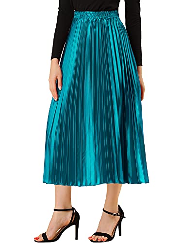 Allegra K Damen Maxi Faltenrock Hohe Taille Plisseerock A-Linie Elastisch Swing Eleganter Rock Pfauenblau XL von Allegra K