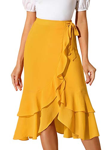 Allegra K Damen High Waist Fliegen Rüschen Chiffon Midirock Rock Gelb M von Allegra K