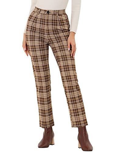 Allegra K Damen High Waist Gerade Bein Elastisch Karierte Hose Braunes Plaid L von Allegra K