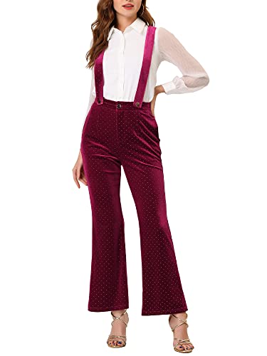 Allegra K Damen High Waist Gürtel Weiten Bein Knopf Polka Dots Samt Latzhose Hose Rot XL von Allegra K