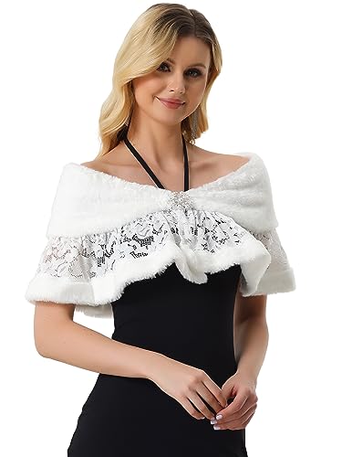 Allegra K Damen Hochzeit Bolero Spitzenbesatz Kunstpelz Schal Achselzucken Abend Pashminas Weiß M von Allegra K