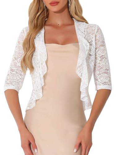 Allegra K Damen Hochzeit Spitze Festlich Bolero für Abendkleid 3/4-Ärmel Rüschen Eleganter Cardigan Weiß XS von Allegra K