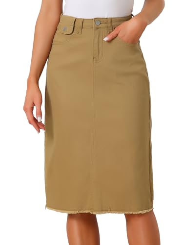 Allegra K Damen Hohe Taille Denim Rock Taschen Knielang Jeansrock Midirock Khaki L von Allegra K