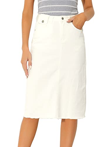 Allegra K Damen Hohe Taille Denim Rock Taschen Knielang Jeansrock Midirock Weiß 3XL von Allegra K