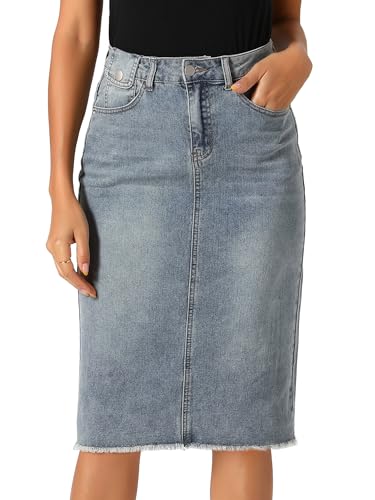 Allegra K Damen Hohe Taille Denim Rock Taschen Knielang Jeansrock Midirock Grau Blau L von Allegra K