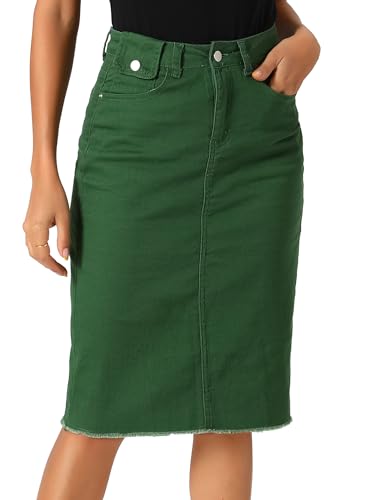 Allegra K Damen Hohe Taille Denim Rock Taschen Knielang Jeansrock Midirock Grün XL von Allegra K