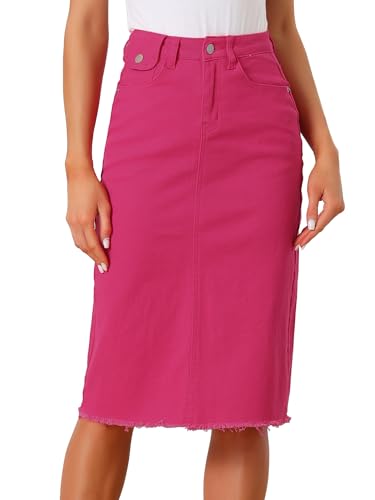 Allegra K Damen Hohe Taille Denim Rock Taschen Knielang Jeansrock Midirock Pink L von Allegra K
