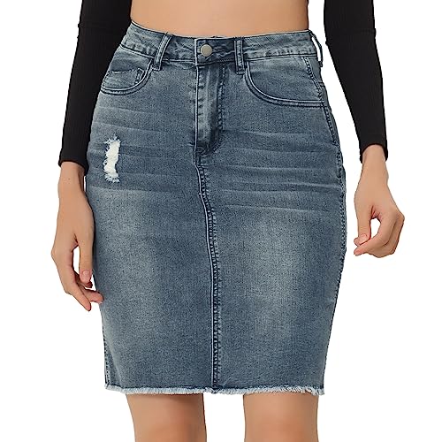 Allegra K Damen Jeansrock Knielang Hohe Taille Gerader Rock Ripped Saum Röcke Dunkel Grau Blau XS von Allegra K