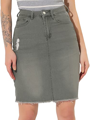 Allegra K Damen Jeansrock Knielang Hohe Taille Gerader Rock Ripped Saum Röcke Grau S von Allegra K