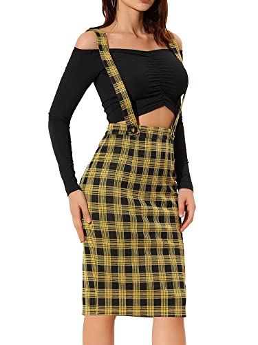 Allegra K Damen Hoher Taille Kariert Plaid Shiny Vintage Bleistift Latzrock Rock Gelb M von Allegra K