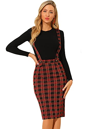 Allegra K Damen Hoher Taille Kariert Plaid Shiny Vintage Bleistift Latzrock Rock Rot XL von Allegra K