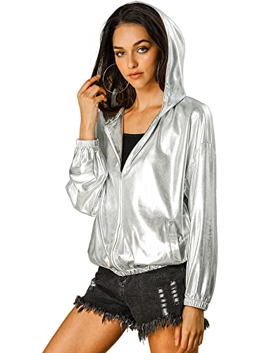 Allegra K Holografische Party-Jacke für Damen, schimmernd, glänzend, leicht, mit Reißverschluss, mit Kapuze, metallisch, silber, XL von Allegra K