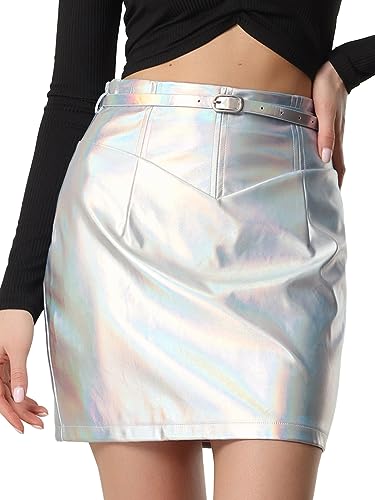 Allegra K Damen Rock Holografisch Metallic Glänzende Y2K Gürtel A-Linie Minirock Silber XS von Allegra K