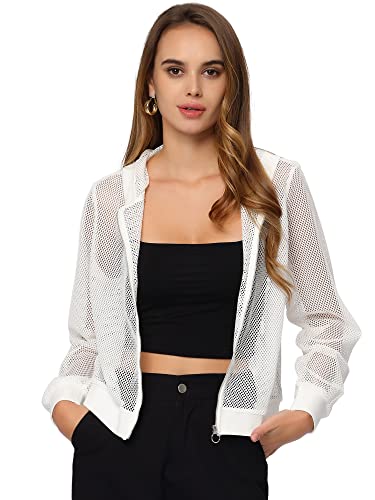 Allegra K Damen Jacke mit Kapuze Hoodie Mesh Sheer Reißverschluss Bomber Elegant Langarm Jacken Weiß S von Allegra K