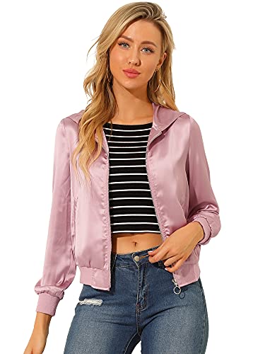Allegra K Damen Hoodie Langarm Reißverschluss Metallic Bomberjacke Satin Jacke Altrosa M von Allegra K