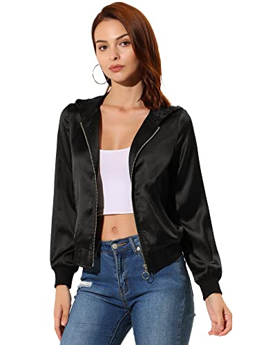 Allegra K Damen Hoodie Langarm Reißverschluss Metallic Bomberjacke Satin Jacke Schwarz M von Allegra K