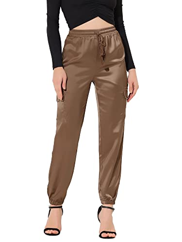 Allegra K Damen Satin Pants Eastisch Seidig Satinhose Kordelzug Cargohose Hose Bräunen L von Allegra K