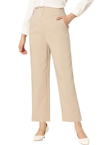 Allegra K Damen Hose Elastische Taille Geradem Bein Knopfdekor Elegante Businesshose Arbeitshose Aprikose S von Allegra K