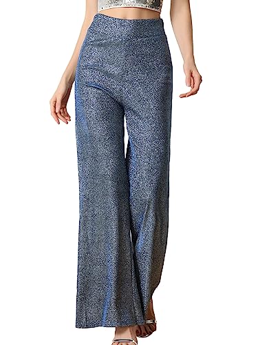 Allegra K Damen Hosen Weitem Bein Metallisch Glitzernd Hohe Taille Clubwear Hose Schwarz Blau M von Allegra K