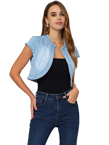 Allegra K Damen Kurz Jeansjacke Bolero Kurzarm Flügelärmeln Cardigan Elegant Crop Denim Jacke Hellblau S von Allegra K