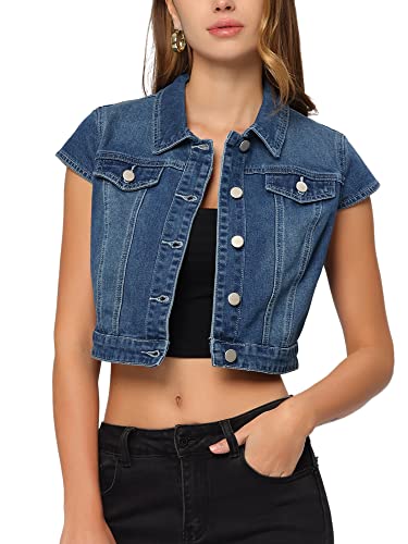 Allegra K Damen Jacke Kurzarm Sommer Knöpfen Stretch Denim Crop Jeansjacke Blau M von Allegra K