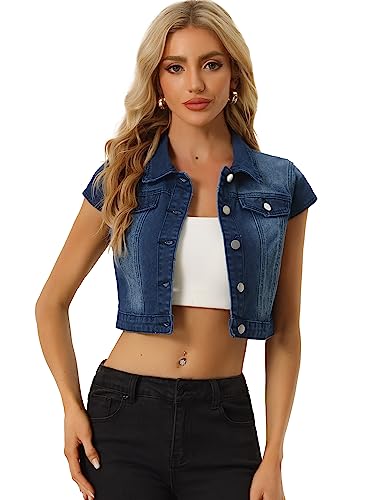 Allegra K Damen Jacke Kurzarm Sommer Knöpfen Stretch Denim Crop Jeansjacke Dunkelblau L von Allegra K