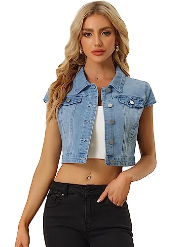 Allegra K Damen Jacke Kurzarm Sommer Knöpfen Stretch Denim Crop Jeansjacke Hell Blau M von Allegra K