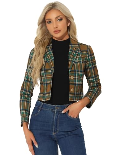 Allegra K Damen Jacke Langarm Gekerbter Kragen Weihnachten Karo Crop Blazer Braun Grün XS von Allegra K