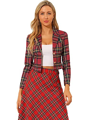 Allegra K Damen Jacke Langarm Gekerbter Kragen Weihnachten Karo Crop Blazer Rot L von Allegra K