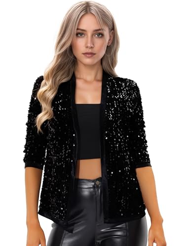Allegra K Damen Pailettenjacke Glitzer Elegant Blazer Langarm Pailletten Party Club Offen Jacke Jacken Schwarz S von Allegra K