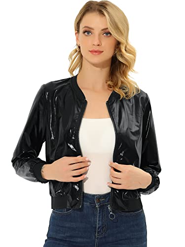 Allegra K Damen Reißverschluss Blouson Langarm Party Leicht Streifen Bomberjacke Metallic Jacke Glänzend Schwarz L von Allegra K