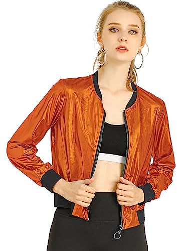 Allegra K Damen Reißverschluss Blouson Langarm Party Leicht Streifen Bomberjacke Metallic Jacke Orange XL von Allegra K