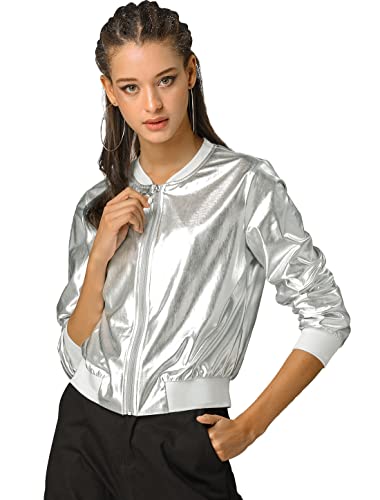 Allegra K Damen Reißverschluss Blouson Langarm Party Leicht Streifen Bomberjacke Metallic Jacke Silber XL von Allegra K