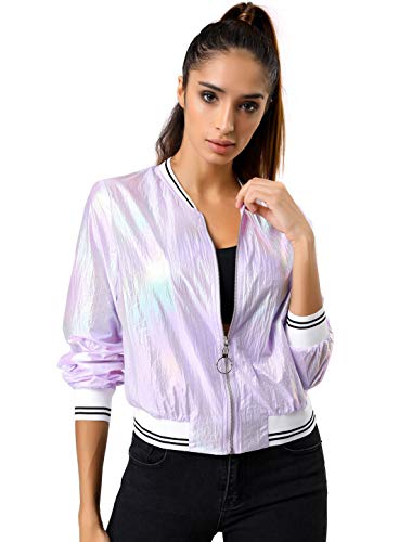 Allegra K Damen Bomberjacke Reißverschluss Langarm Party Leicht Streifen Metallic Jacke Violett M von Allegra K