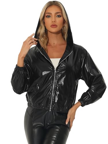 Allegra K Damen Jacke Langarm Holographic Reißverschluss Lässig Metallic Glänzend Kapuze Jacke Schwarz M von Allegra K