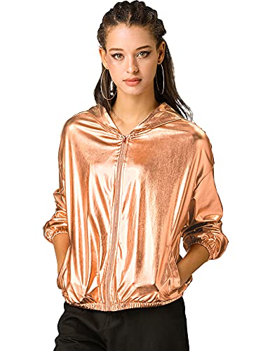 Allegra K Damen Bluson Langarm Metallic Jacke Holographic Party Reißverschluss Kapuzenjacke Gold Braun XS von Allegra K