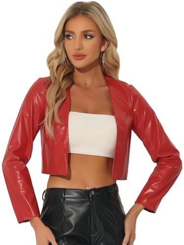 Allegra K Damen Jacke Langarm Offen Vorderseite Moto Biker Cropped PU-Kunstleder Jacken Rot M von Allegra K