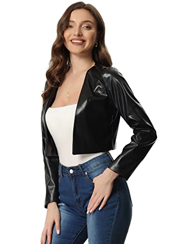 Allegra K Damen Jacke Langarm Offen Vorderseite Moto Biker Cropped PU-Kunstleder Jacken Schwarz S von Allegra K