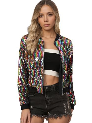 Allegra K Damen Glitzer Jacke Bomberjacke Pailletten Bomber Jacke Langarm Party Club Metallic Sequin Jacken Regenbogen S von Allegra K
