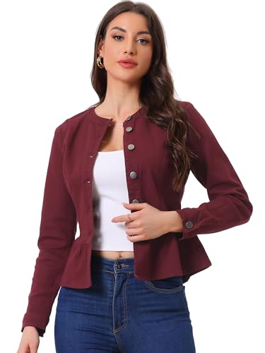 Allegra K Damen Jacke Langarm Stehkragen Volant Knopfleiste Peplum Crop Jeansjacke Burgunderrot XS von Allegra K