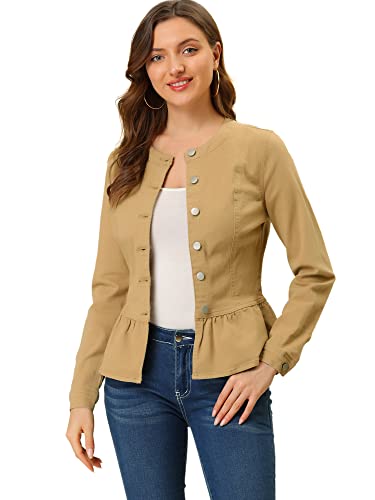 Allegra K Damen Jacke Langarm Stehkragen Volant Knopfleiste Peplum Crop Jeansjacke Khaki M von Allegra K