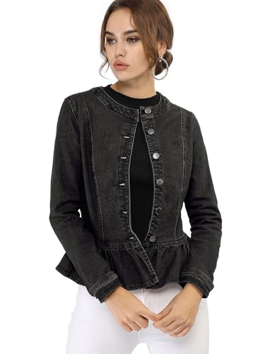 Allegra K Damen-Jeansjacke mit Peplum, kragenlos, Rundhalsausschnitt, Knopfleiste, verkürzter Rüschensaum, Schwarz, XS Allegra K Damen-Jeansjacke mit Peplum, kragenlos, Rundhalsausschnitt, Knopfleiste, verkürzter Rüschensaum, Schwarz, XS von Allegra K