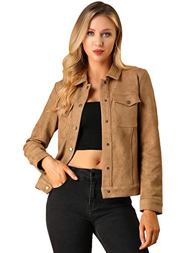 Allegra K Damen Jacke Langarm Umlegekragen Trucker Kunstlederjacke Braun S von Allegra K