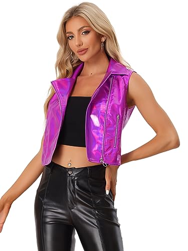 Allegra K Damen Jacke Metallic Ärmellos Reverskragen Reißverschluss Lederimitat Party Rosenrot M von Allegra K